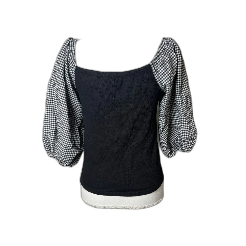 Who Wear What When Where Size S Black Top Gingham Puff Sleeve Anthropologie NWT